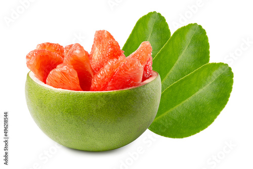 Red Pomelo or Grapefruit called Tabtim Siam in Thai, a sweet taste fruit with bright color planted in Asia, peeled beautifully with a pomelo skin and green leaves on white background. Clipping path photo