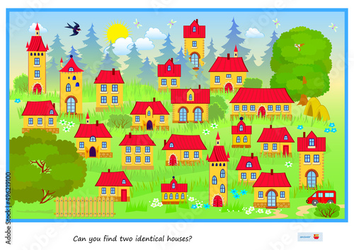 Logic puzzle game for children and adults. Can you find two identical houses? Page for kids brain teaser book. Task for attentiveness. IQ test. Play online. Underwater life. Vector cartoon image.