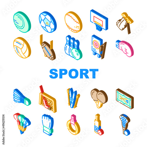 Sport Game Sportsman Activity Icons Set Vector. Rugby American Football And Soccer, Golf Cricket, Baseball Tennis, Basketball Volleyball Sport. Sportive Equipment Isometric Sign Color Illustrations