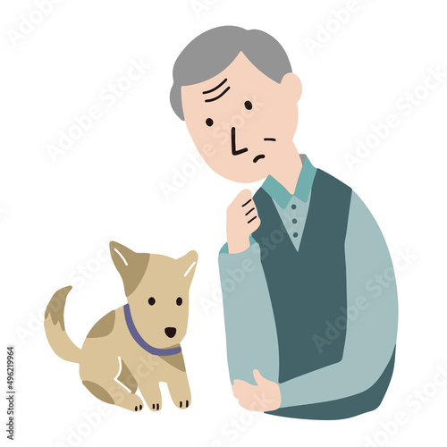 愛犬の体調・具合を気にするシニア男性のイラスト