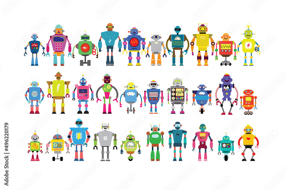 Set Of different cartoon robots characters ,spaceman cyborg isolated on white background. Vector illustration.