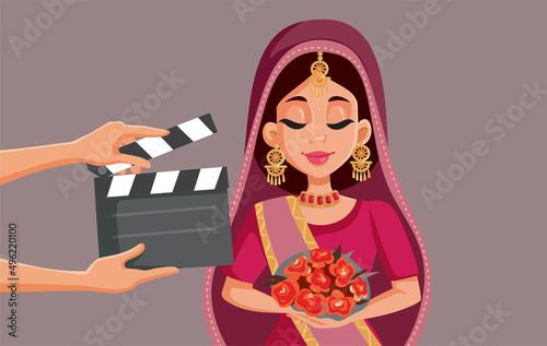 Indian Actress Filming Bollywood Production Vector Cartoon Illustration