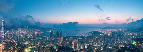 Aerial view of the Victoria Harbour, Hong Kong, night time. famous travel destination.