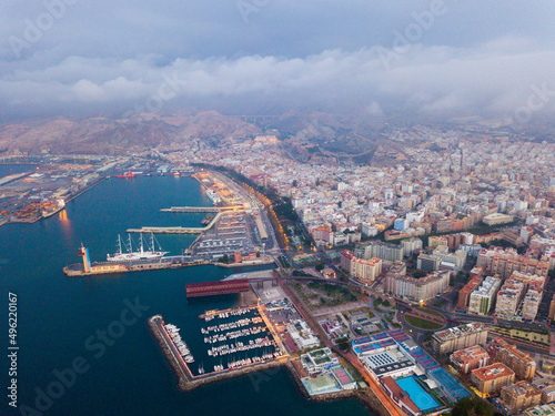Panoramic view of coastline and city in Almeria on dusk, Spain