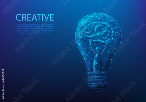 human brain light bulb low poly wireframe. creative idea innovation. learning startup lamp symbol. vector illustration digital technology design.