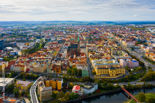 Picturesque aerial view of old buildings of Pilsen cityscape with river and ponds, Czech Republic. High quality photo