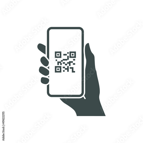 QR code scanning in smartphone screen. Hand holding Mobile phone. Simple solid icon style, barcode scanner for pay, web, mobile app. Vector illustration isolated. EPS 10.