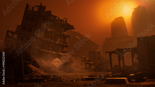 Atmospheric Disaster concept with Ruins and Damaged Buildings. photo