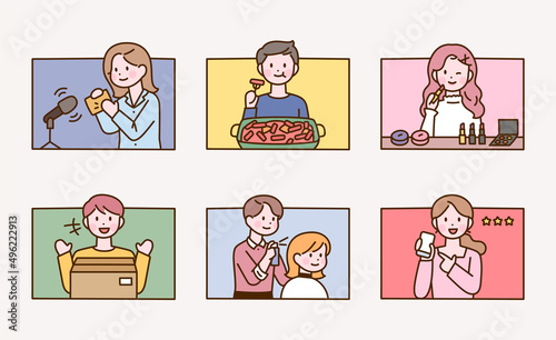 Online social network influencers are filming various contents. flat design style vector illustration.