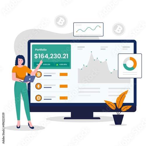 Crypto portfolio illustration design concept. Illustration for websites, landing pages, mobile applications, posters and banners
