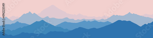 Vector illustration of mountains, ridge in the morning haze, panoramic view