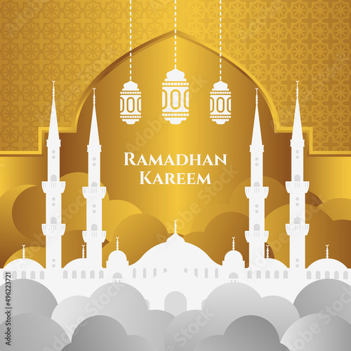 Mosque with clouds 3D in gold islamic pattern background for ramadan kareem, background design vector illustration for gratting card, ramadan kareem, ramadan celebration
