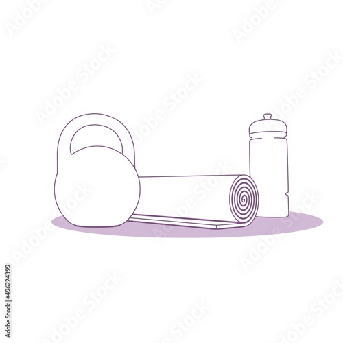 Gym training and home exercising and fitness equipment. Bob, yoga mat and bottle. Tools for healthy lifestyle and wellbeing.