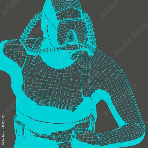 Monochrome silhouette of scuba diver in a combat stance. Mesh grid texture