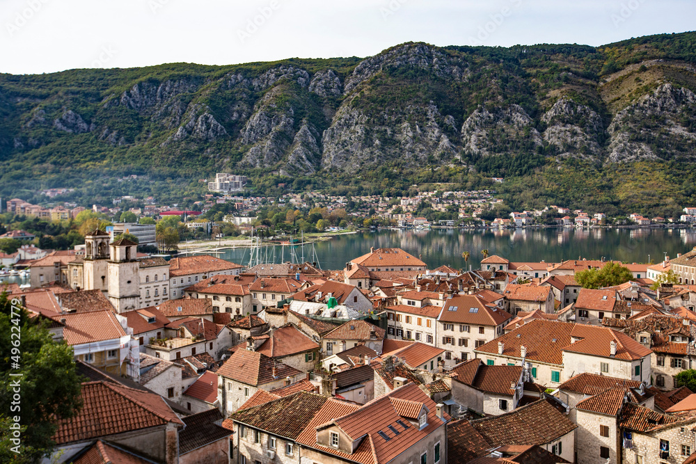 Old Houses of Kotor historical town, view from above, Unesco Heritage, Montenegro