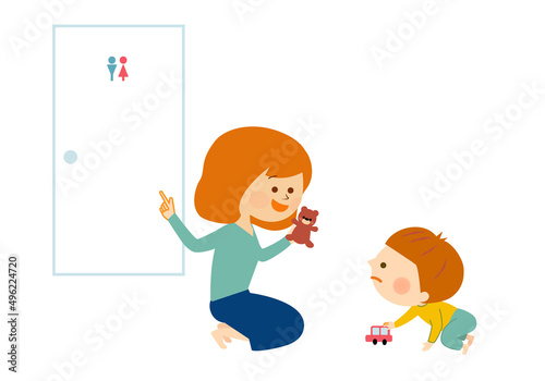 育児、子供をトイレにさそうお母さん