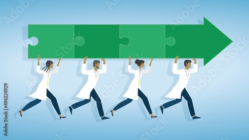 Health care people, nurses, doctors, scientists running with green puzzle arrow. Vector illustration. Dimension 16:9.