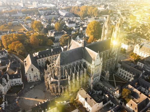 Aerial view of Tours cityscape with famous Cathedral in sunrise