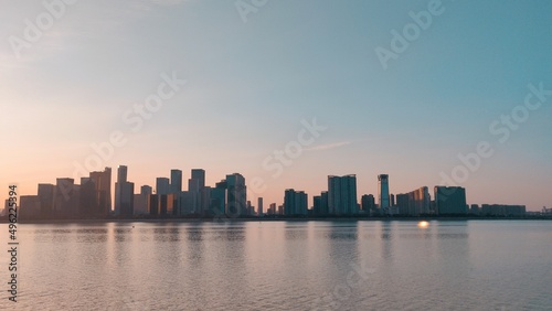 city skyline at sunset