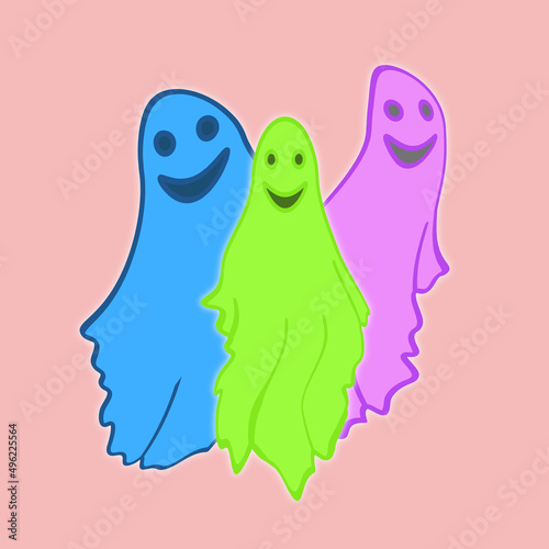 Three cheerful ghosts on a pink background