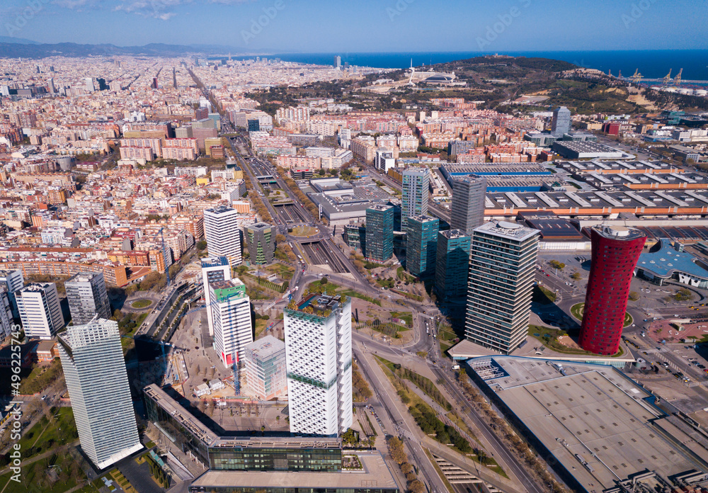Aerial view square of the Europe at Gran Via district. Barcelona, Catalonia