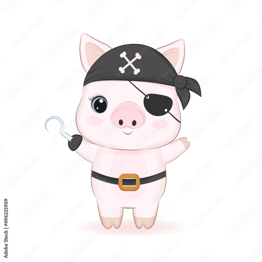 Cute pirate little pig cartoon animal watercolor illustration Cute pirate little pig cartoon animal watercolor illustration