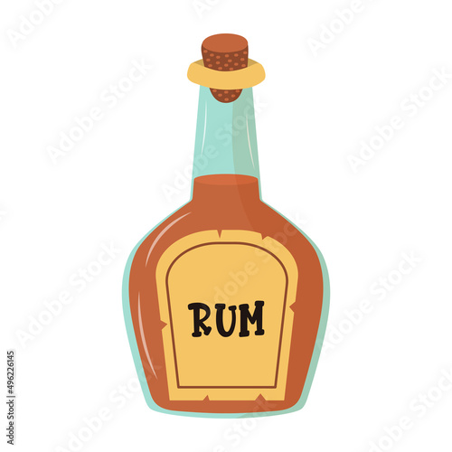 Glass bottle of rum. Alcoholic drink in cartoon style.