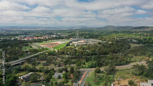 Aerial hyperlapse, dronelapse video of Parliament of Australia in Canberra photo