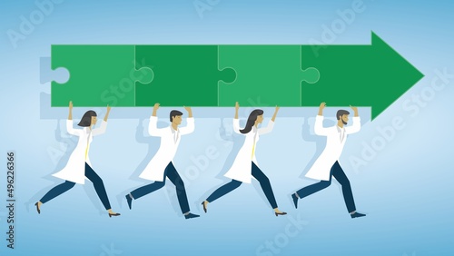 Health care people, doctors, nurses, scientists running with green arrow with puzzle pieces. Vector illustration. Dimenions 16:9.