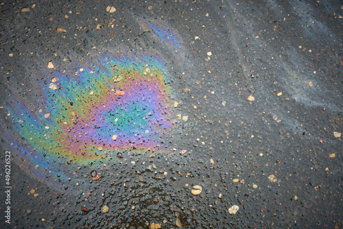 Oil stain with rainbow colors on a wet asphalt road