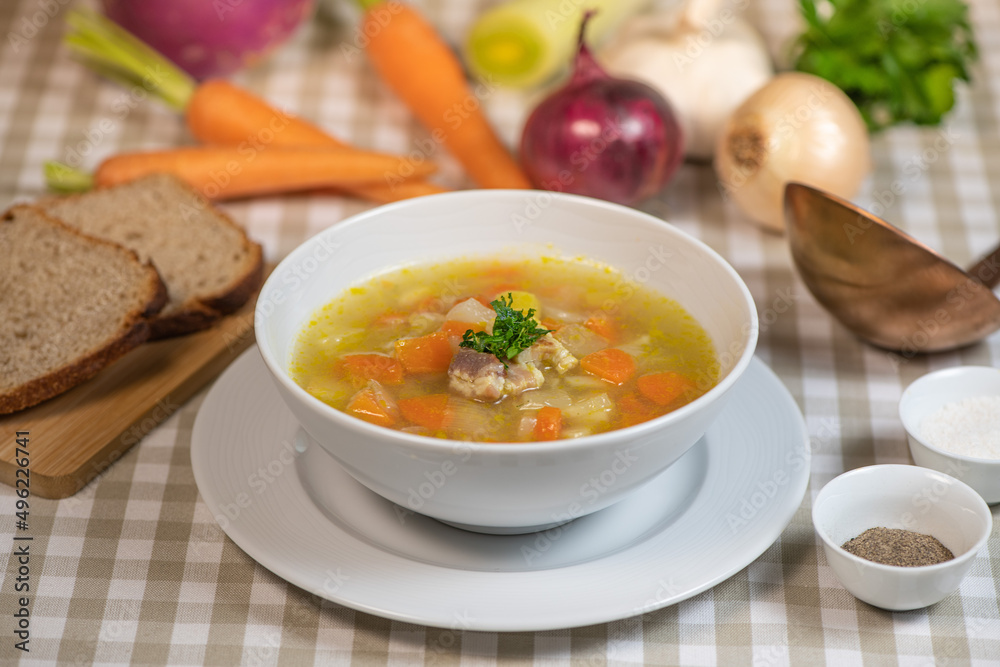 Fresh Vegetable soup in a white bowl , Traveling Fresh Vegetable soup in a white bowl , Traveling