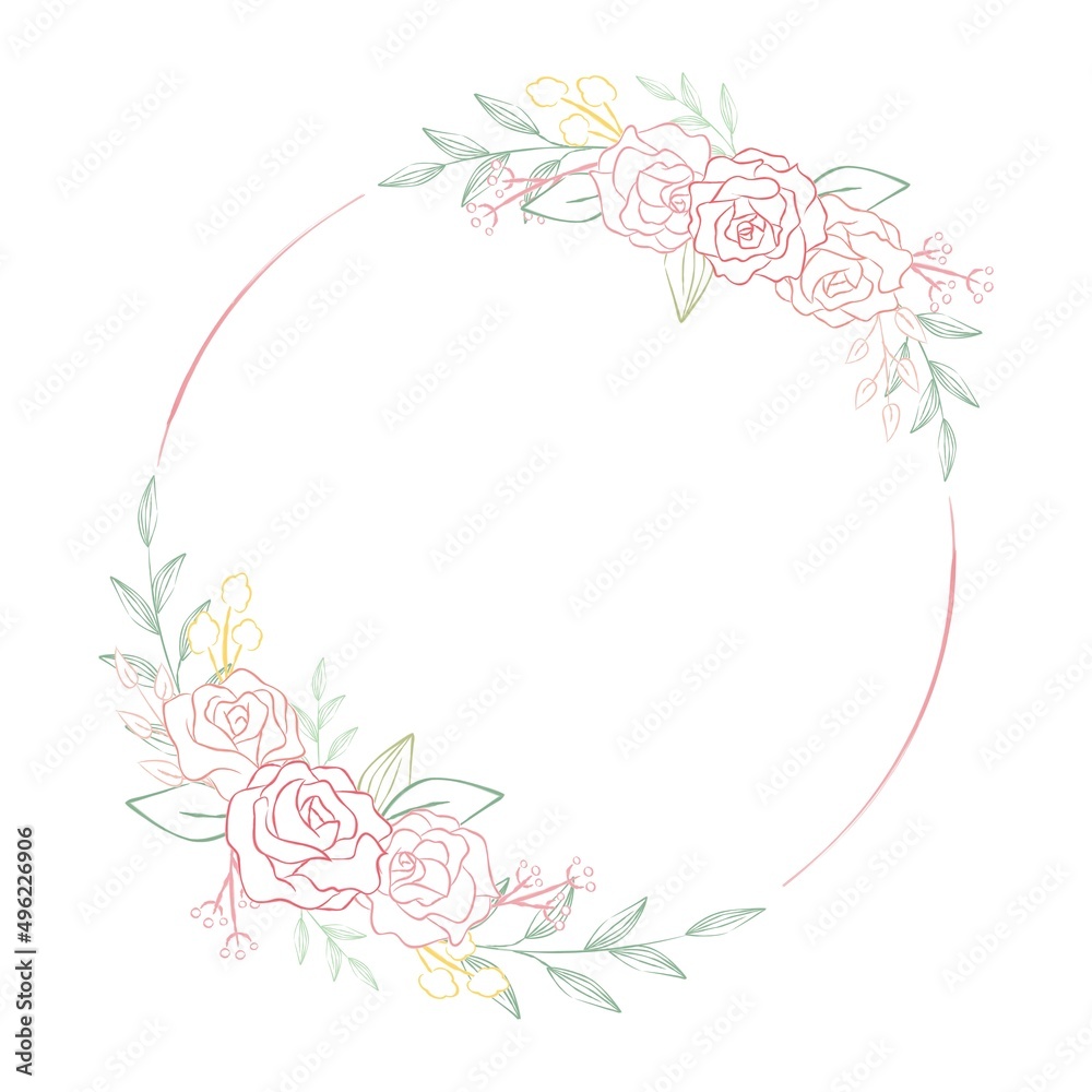 手描きの薔薇の丸フレーム/ Hand-Drawn Rose Circle Frame, Wreath, Great for Invitation, Message Card