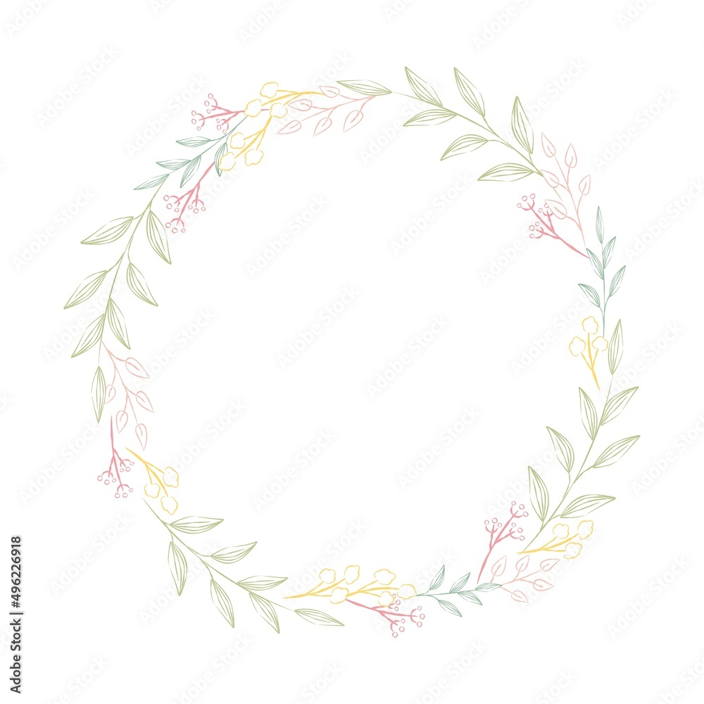 手描きの花の丸フレーム/ Hand-Drawn Floral Circle Frame, Wreath, Great for Invitation, Message Card