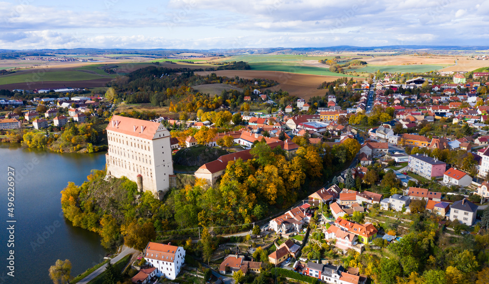Aerial cityscape of castle in Czech town Plumlov, Olomouc Region