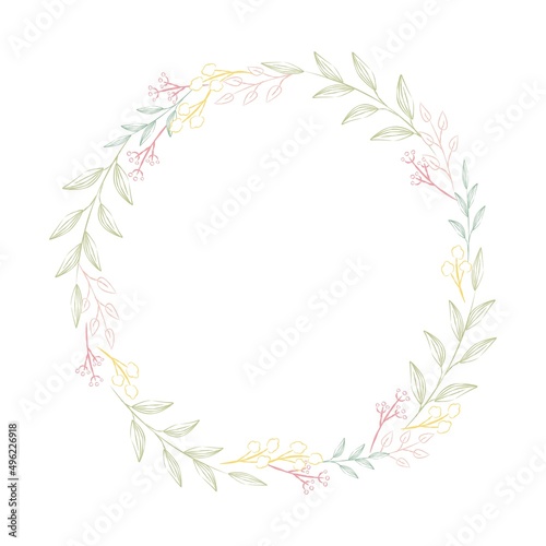 手描きの花の丸フレーム/ Hand-Drawn Floral Circle Frame, Wreath, Great for Invitation, Message Card