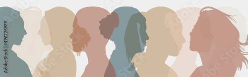 Women's History month banner in soft color. Multi ethnic woman face silhouette.