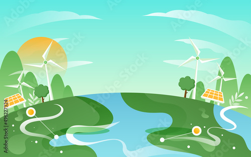 Fototapeta Naklejka Na Ścianę i Meble -  Girl rides a bicycle on the earth with windmills and solar power in the background, eco-friendly life, vector illustration