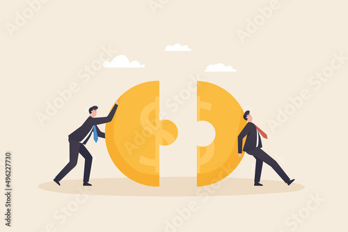  Partnership for business success, Fundraising and venture capital Business expansion or merger.  Business partner connect Dollar coin jigsaw puzzle together.