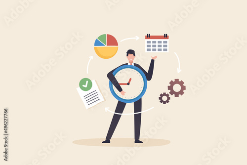 Time management effective day to day concept. The clock is a powerful symbol for business meetings, schedule. Businessman standing holding a big clock.
