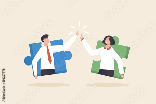 The concept of people collaboration and business connection. Company development strategy and progress through cooperation and teamwork. Jigsaw puzzle with Collaborative Ideas.
