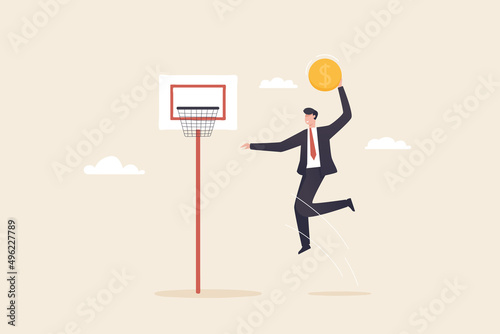 Business goals, success, find new goals in doing business. Ambition in job duties. Career challenges or motivation to win races.  Businessman jumping holding money coin to slam dunk basketball hoop.