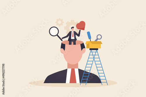Changing mind , Mental health, The characters try to solve mental problems and fight emotional burnout. tiredness from work psychotherapy concept.