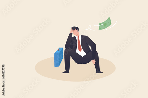Unemployment, loss a job, failure, worry or stress. Financial mistakes, poverty, or bankruptcy. Sad businessman sitting with a briefcase.
