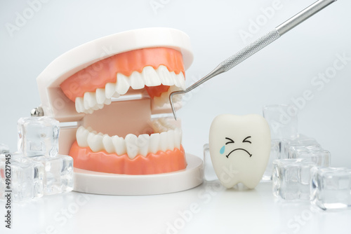 Tooth decay sensitive is crying with cold ice on white background ,Dental concept of tooth sensitivity from drinking cold water photo