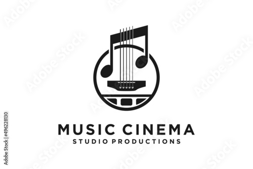 Film Reel and Guitar Strings Instrument for Movie Music Soundtrack logo design
