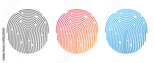 Fingerprint icons set. Personal id identity. Press finger, scan for safety.  Unique touch id. Individual fingertip is verification in police. Semi-simplified fingerprint on white background