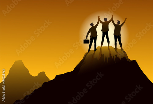 Group of businessperson standing on the mountain top. Success of business concept.