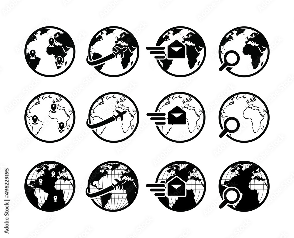 Obraz premium world globe icon collection for web commerce technology with outline black and white vector art