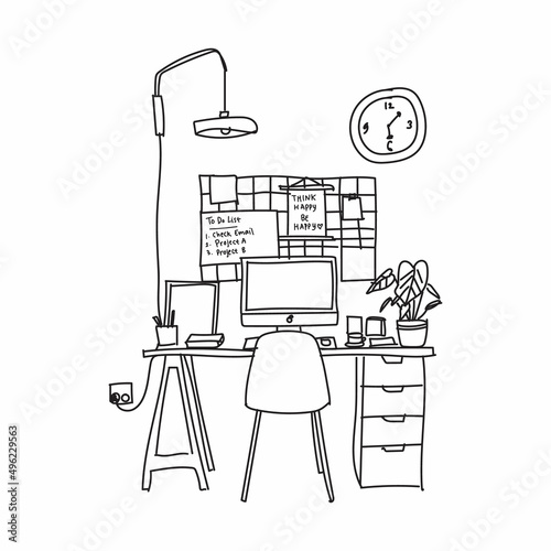 Hand drawn workplace concept vector illustration