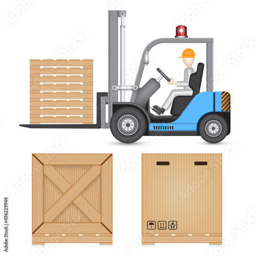 Vector of industrial equipment for stock, storage in warehouse and factory consist of forklift, pallet, cardboard box and wooden crate. Freight transport shipping industry. Include operator or driver.